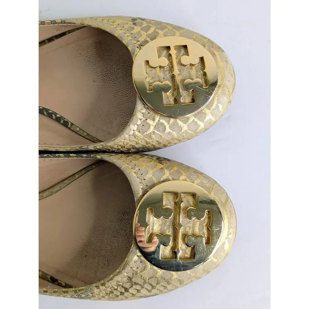 Tory Burch Reva Ballet Flats 7.5 Tan Gold Snakeskin Print Metallic Logo Round